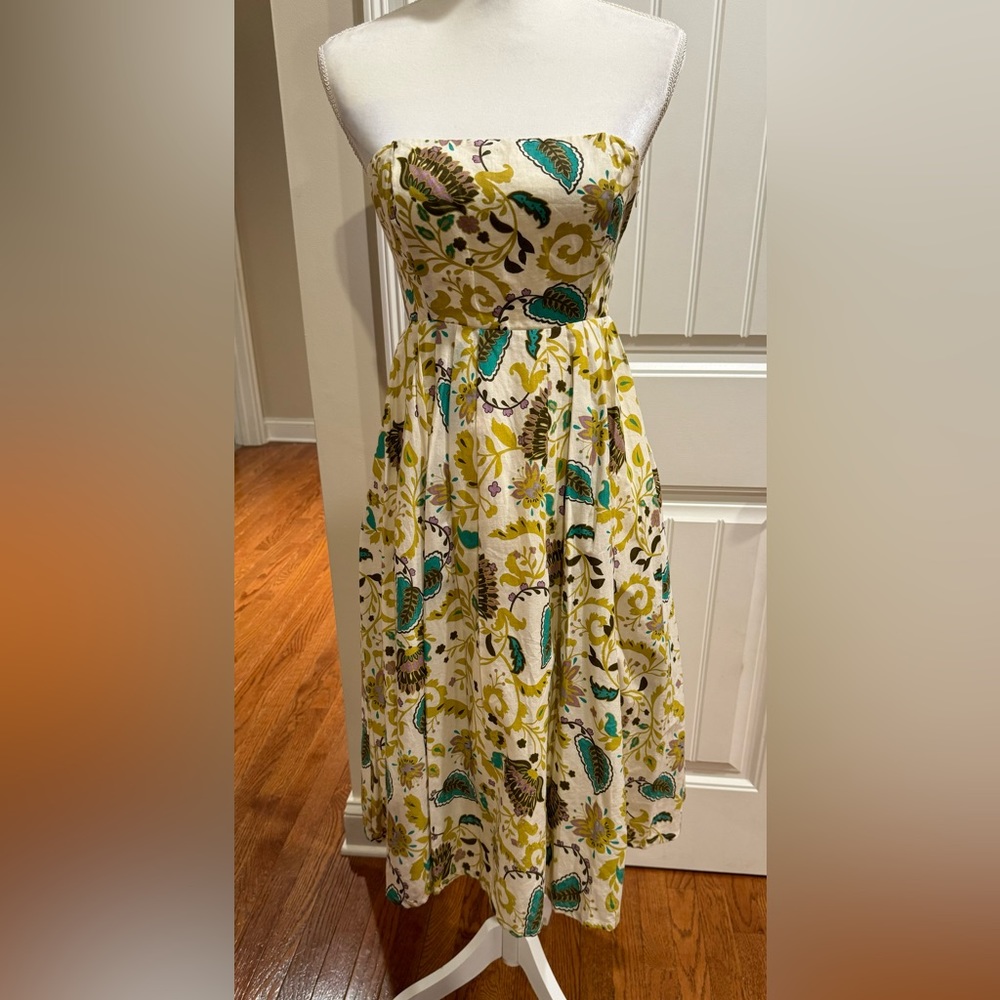 French Connection Strapless Floral Paisley Midi Dress in White, Yellow & Teal